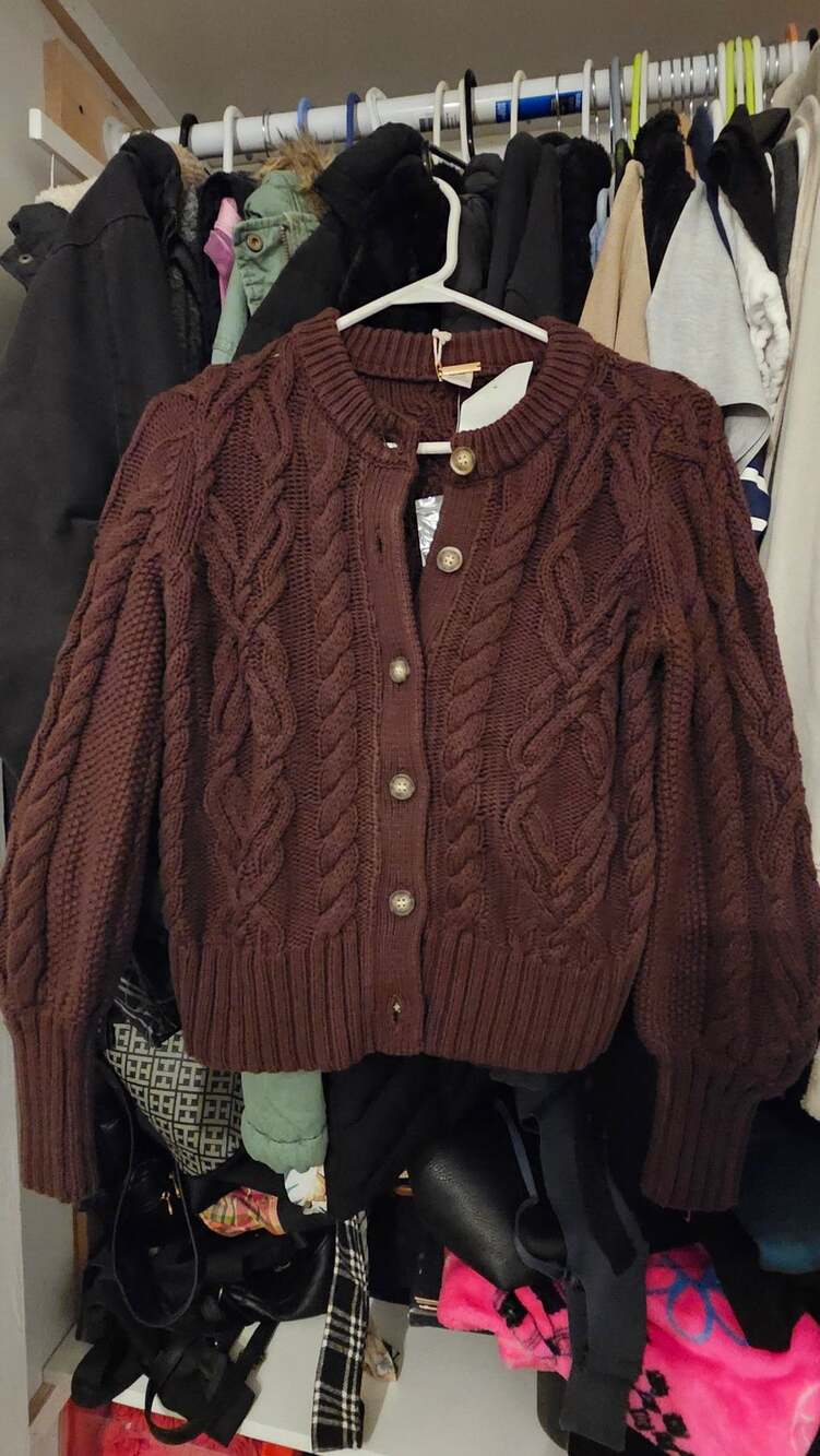 Magaschoni Women Brown 100% Cotton Cable Knit Button Up Cardigan Sweater XS